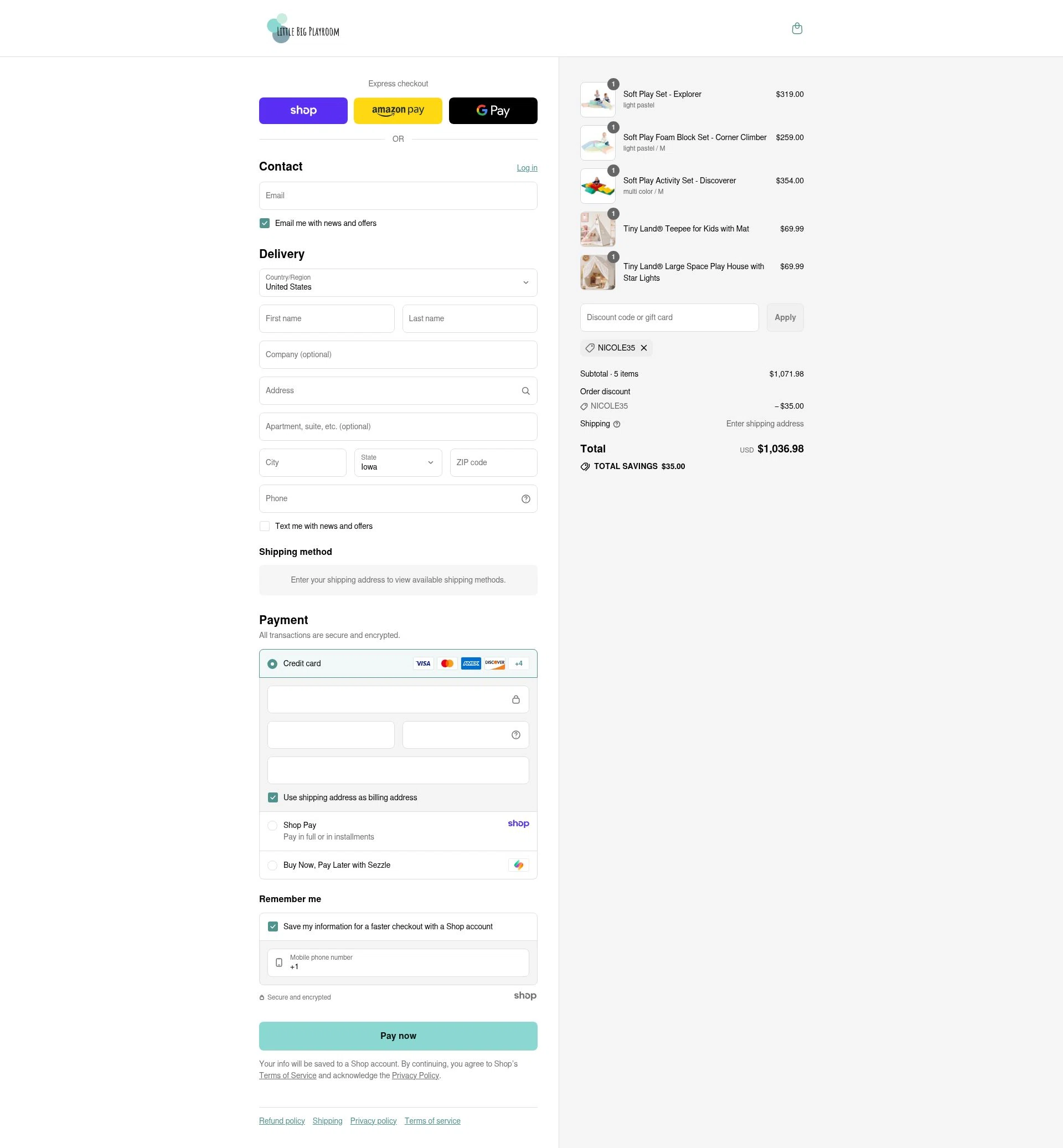 Little Big Playroom checkout page showing Little Big Playroom discount code box | Screenshot taken by SimplyCodes community member on Aug 31, 2025