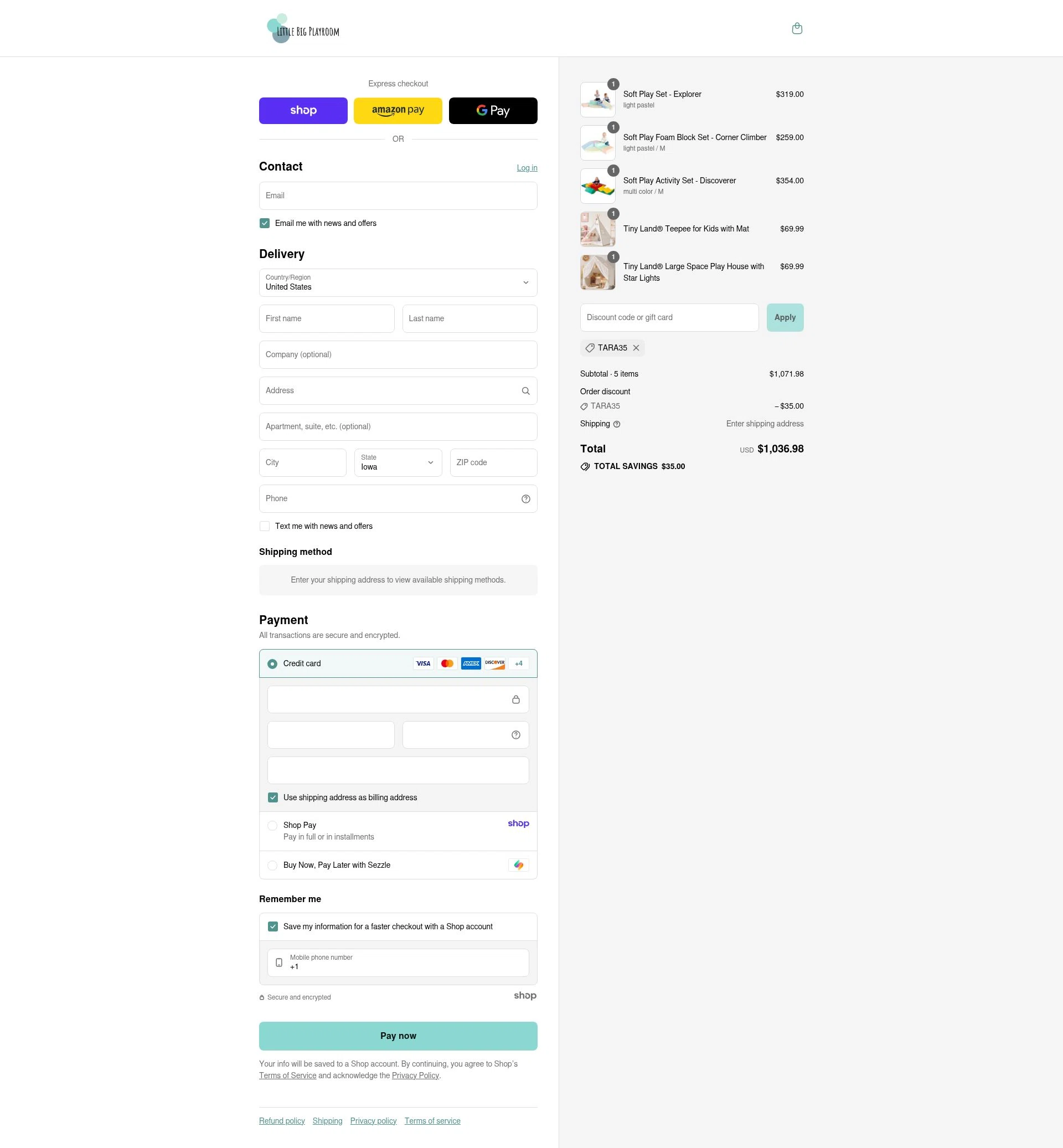 Little Big Playroom checkout page showing Little Big Playroom discount code box | Screenshot taken by SimplyCodes community member on Aug 31, 2025