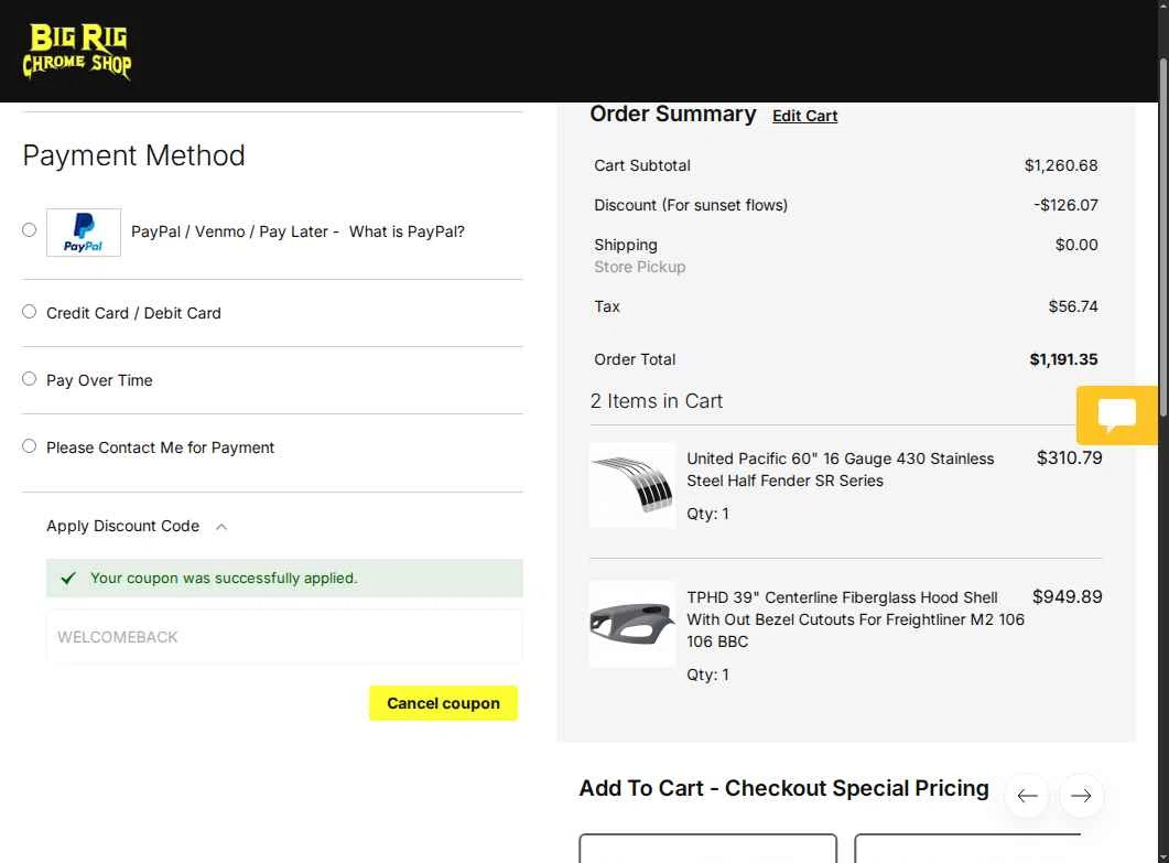 Big Rig Chrome Shop checkout page showing Big Rig Chrome Shop discount code box | Screenshot taken by SimplyCodes community member on Oct 27, 2025