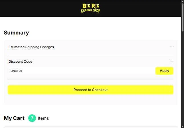 Big Rig Chrome Shop checkout page showing Big Rig Chrome Shop discount code box | Screenshot taken by SimplyCodes community member on Aug 8, 2025