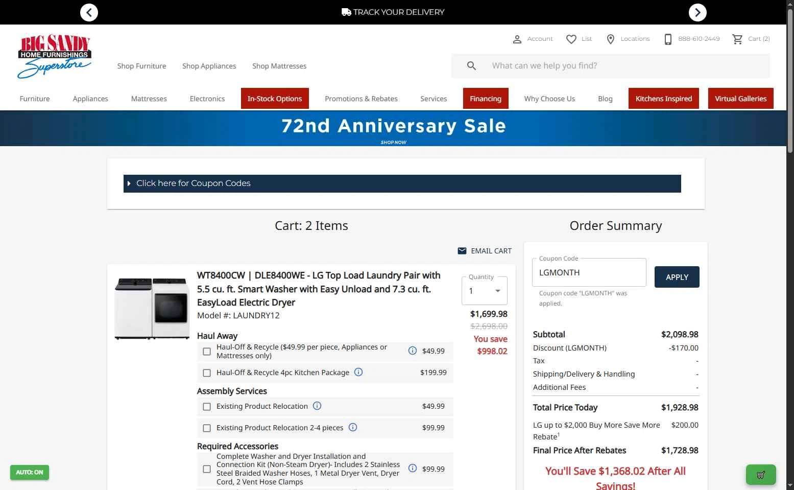Big Sandy Superstore checkout page showing Big Sandy Superstore promo code box | Screenshot taken by SimplyCodes community member on Sep 11, 2025