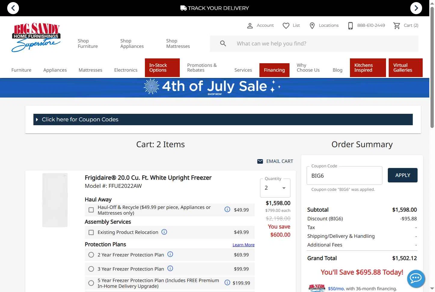 Big Sandy Superstore checkout page showing Big Sandy Superstore promo code box | Screenshot taken by SimplyCodes community member on Jun 21, 2025