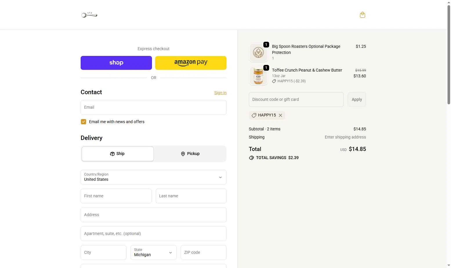 Big Spoon Roasters checkout page showing Big Spoon Roasters discount code box | Screenshot taken by SimplyCodes community member on Jan 19, 2026