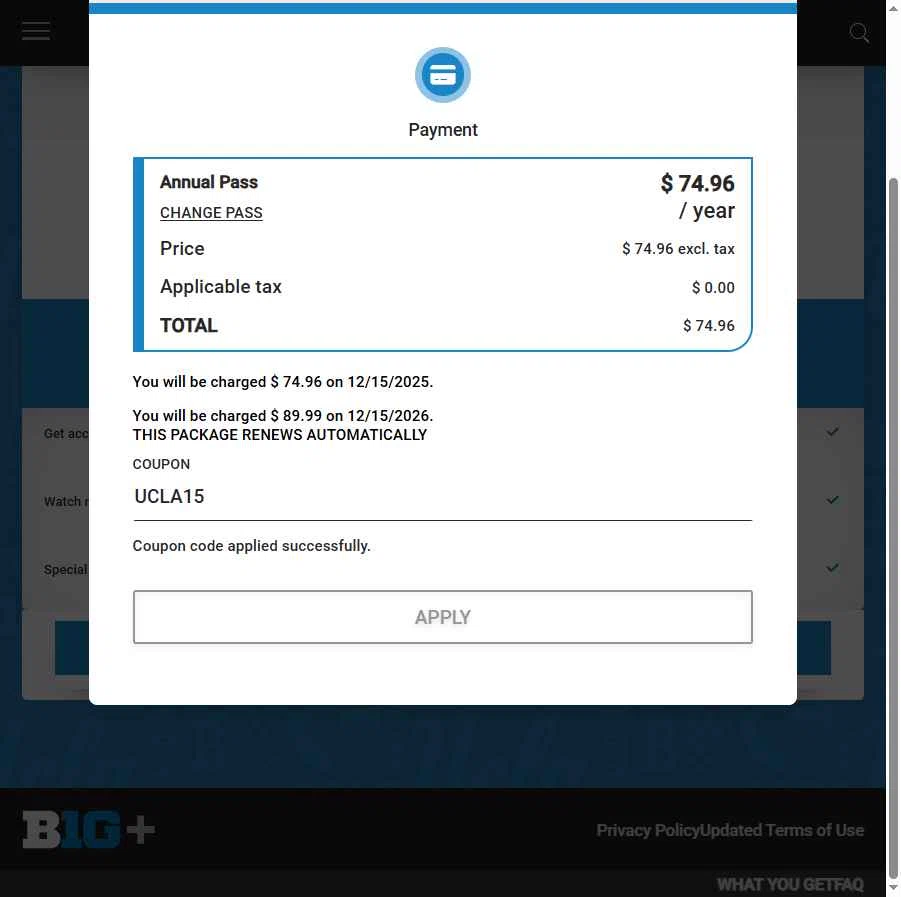 Big Ten Plus checkout page showing Big Ten Plus coupon code box | Screenshot taken by SimplyCodes community member on Dec 15, 2025