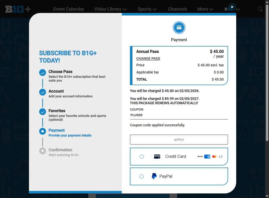 Big Ten Plus checkout page showing Big Ten Plus coupon code box | Screenshot taken by SimplyCodes community member on Feb 5, 2026