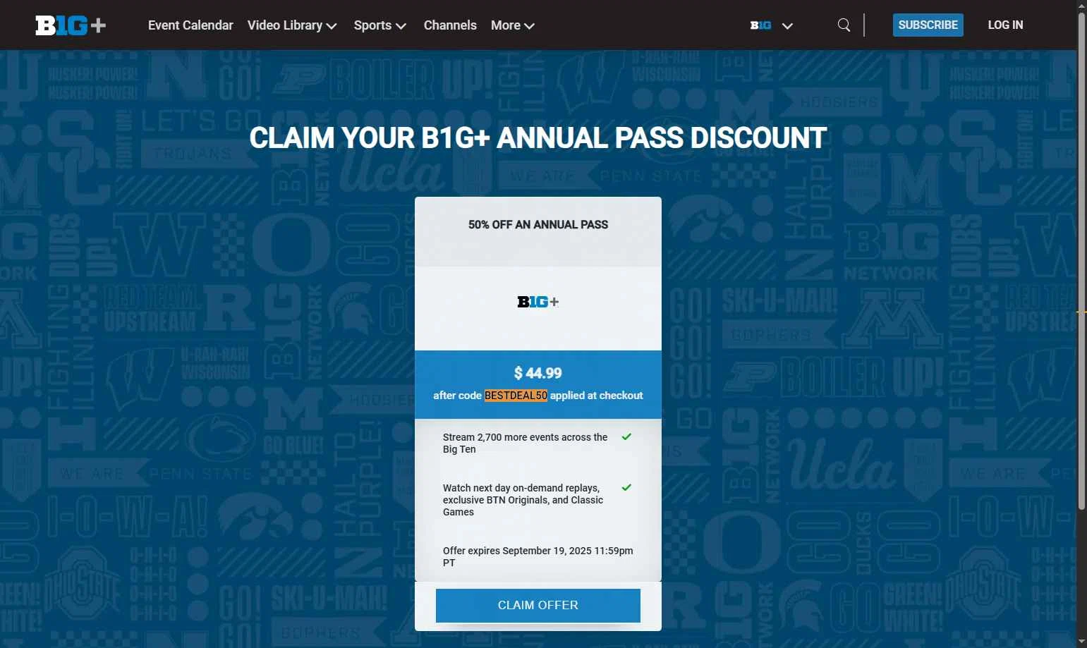 Big Ten Plus checkout page showing Big Ten Plus coupon code box | Screenshot taken by SimplyCodes community member on Nov 26, 2025