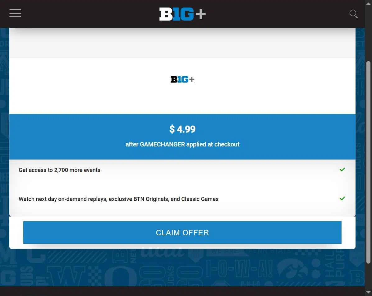 Big Ten Plus checkout page showing Big Ten Plus coupon code box | Screenshot taken by SimplyCodes community member on Jan 10, 2026