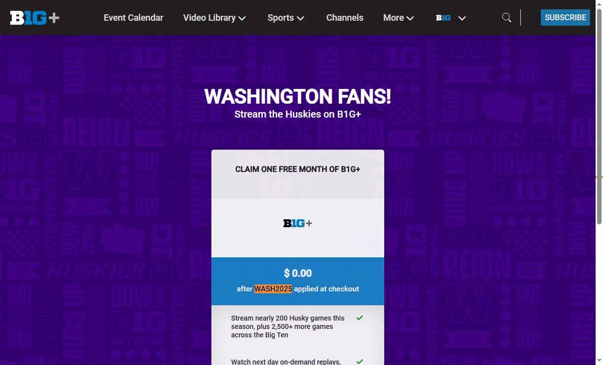 Big Ten Plus checkout page showing Big Ten Plus coupon code box | Screenshot taken by SimplyCodes community member on Jan 7, 2026