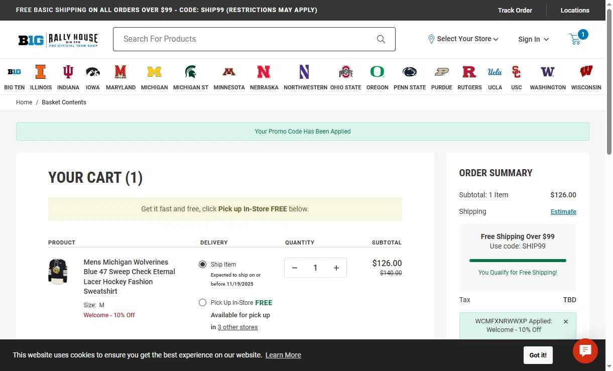 Big Ten Store checkout page showing Big Ten Store coupon code box | Screenshot taken by SimplyCodes community member on Nov 17, 2025