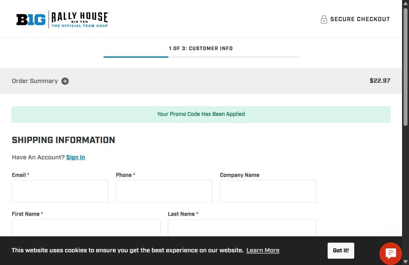 Big Ten Store checkout page showing Big Ten Store coupon code box | Screenshot taken by SimplyCodes community member on Jul 26, 2025
