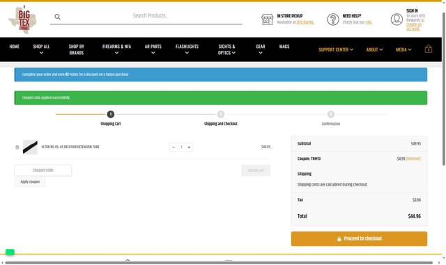 Big Tex Ordnance checkout page showing Big Tex Ordnance coupon code box | Screenshot taken by SimplyCodes community member on Aug 20, 2025