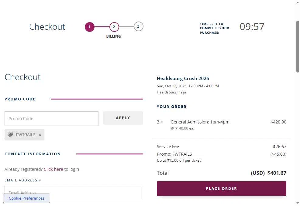 Big Tickets checkout page showing Big Tickets promo code box | Screenshot taken by SimplyCodes community member on Sep 18, 2025
