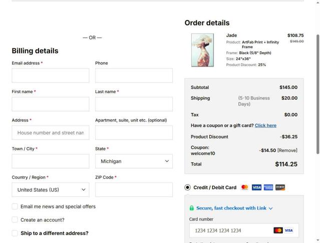 Big Wall Décor checkout page showing Big Wall Décor promo code box | Screenshot taken by SimplyCodes community member on Aug 11, 2025
