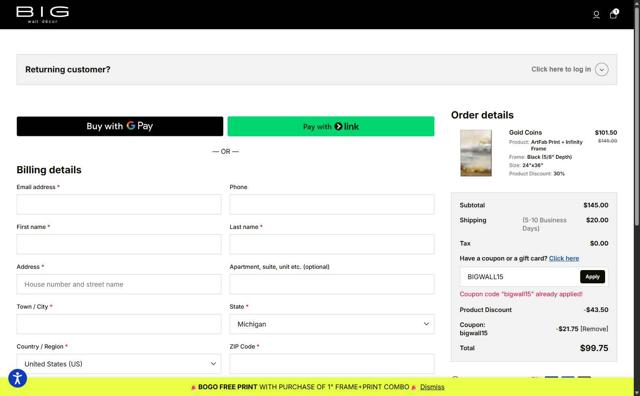 Big Wall Décor checkout page showing Big Wall Décor promo code box | Screenshot taken by SimplyCodes community member on Aug 28, 2025