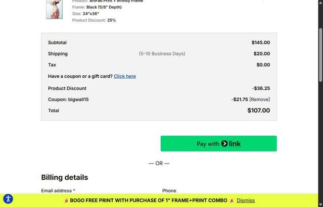 Big Wall Décor checkout page showing Big Wall Décor promo code box | Screenshot taken by SimplyCodes community member on Aug 18, 2025