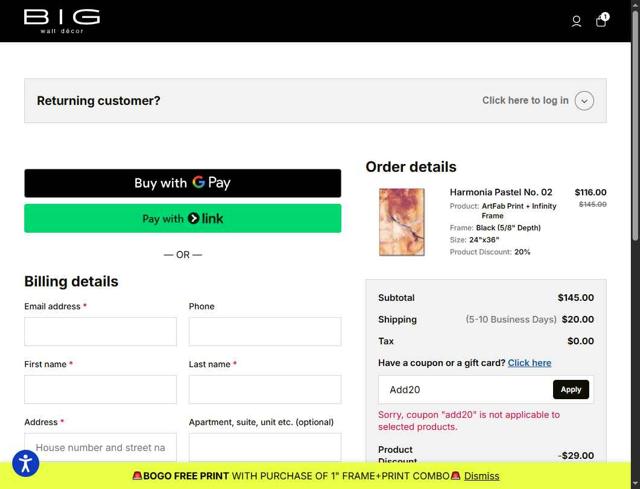 Big Wall Décor checkout page showing Big Wall Décor promo code box | Screenshot taken by SimplyCodes community member on Sep 5, 2025