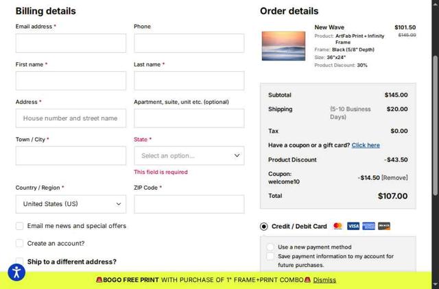 Big Wall Décor checkout page showing Big Wall Décor promo code box | Screenshot taken by SimplyCodes community member on Aug 28, 2025