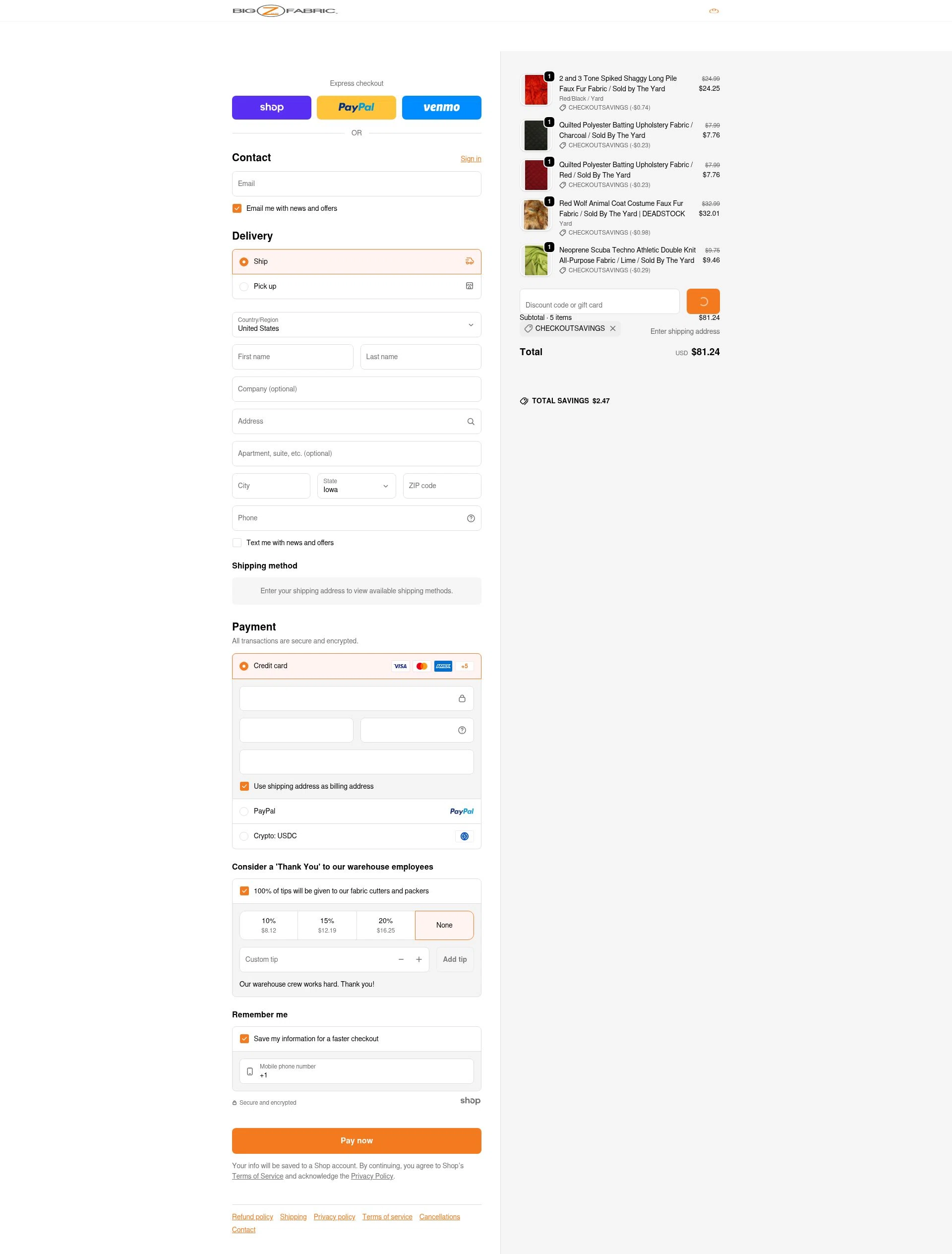 Big Z Fabric checkout page showing Big Z Fabric discount code box | Screenshot taken by SimplyCodes community member on Jan 25, 2026