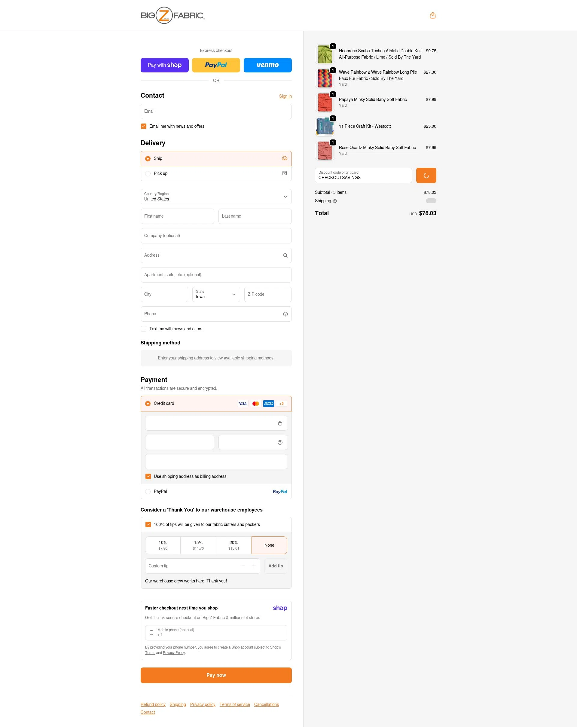 Big Z Fabric checkout page showing Big Z Fabric discount code box | Screenshot taken by SimplyCodes community member on Jan 11, 2026