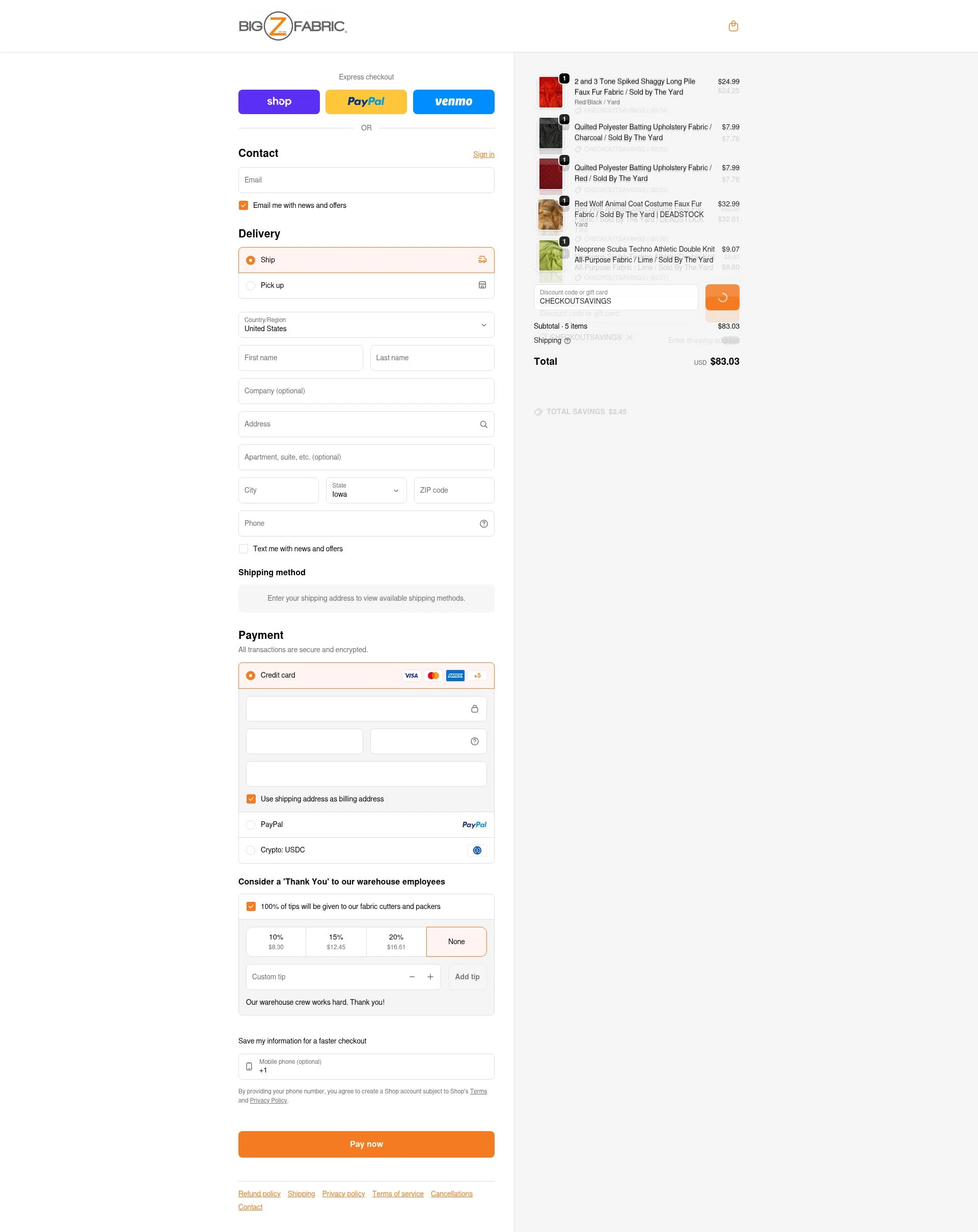 Big Z Fabric checkout page showing Big Z Fabric discount code box | Screenshot taken by SimplyCodes community member on Feb 3, 2026