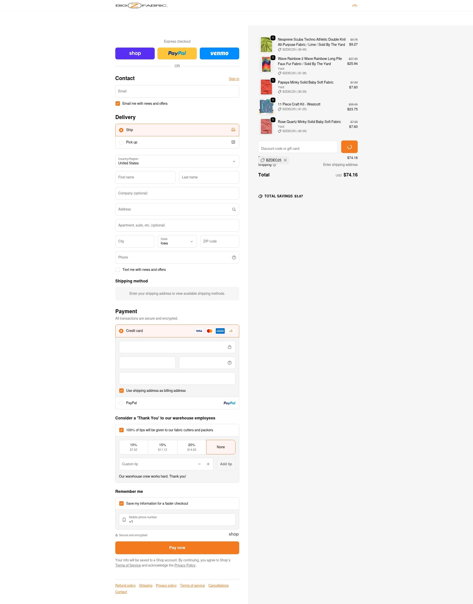Big Z Fabric checkout page showing Big Z Fabric discount code box | Screenshot taken by SimplyCodes community member on Dec 31, 2025