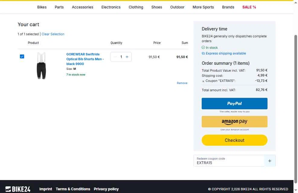 Bike24 checkout page showing Bike24 coupon code box | Screenshot taken by SimplyCodes community member on Feb 20, 2026