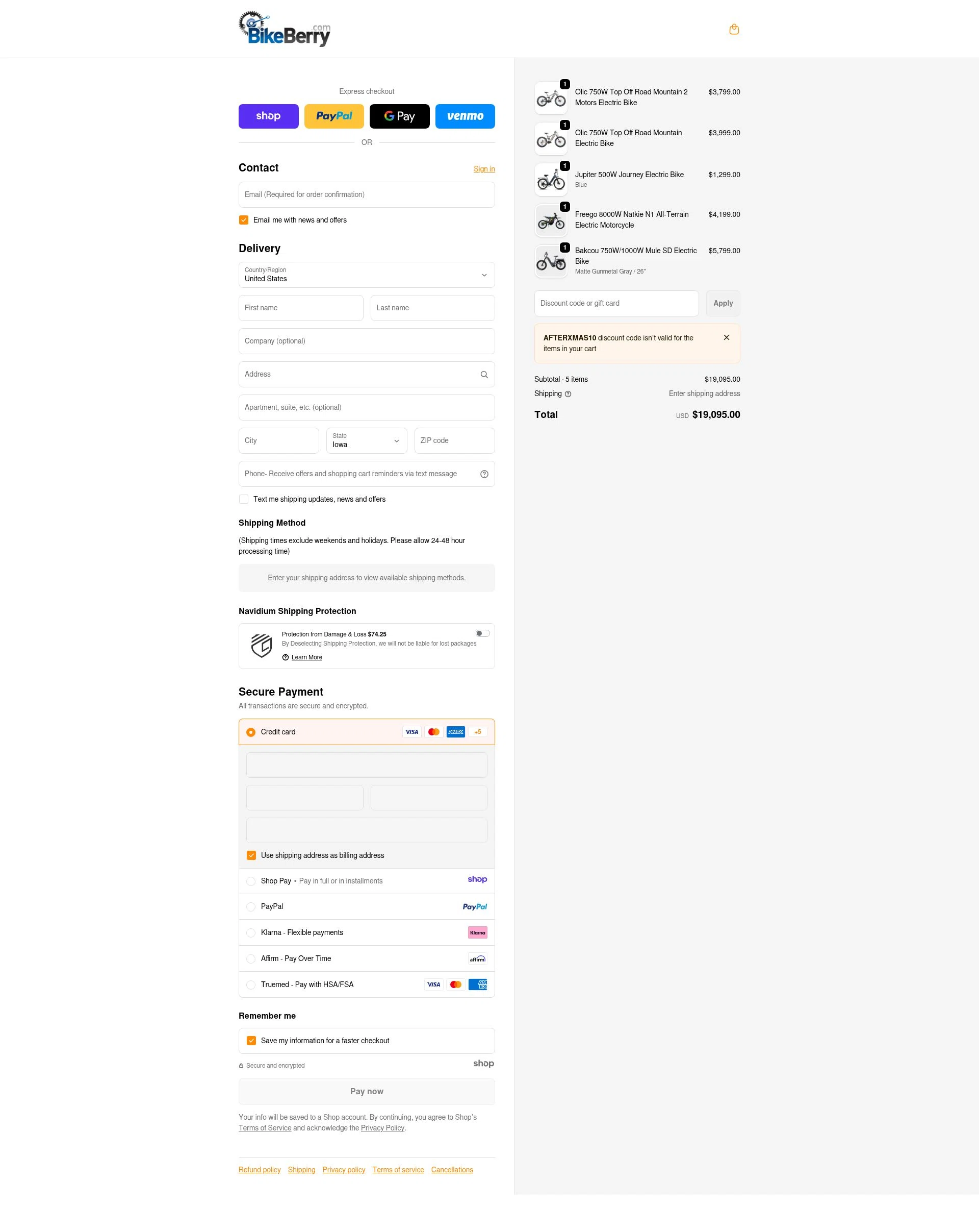Bikeberry checkout page showing Bikeberry promo code box | Screenshot taken by SimplyCodes community member on Jan 2, 2026