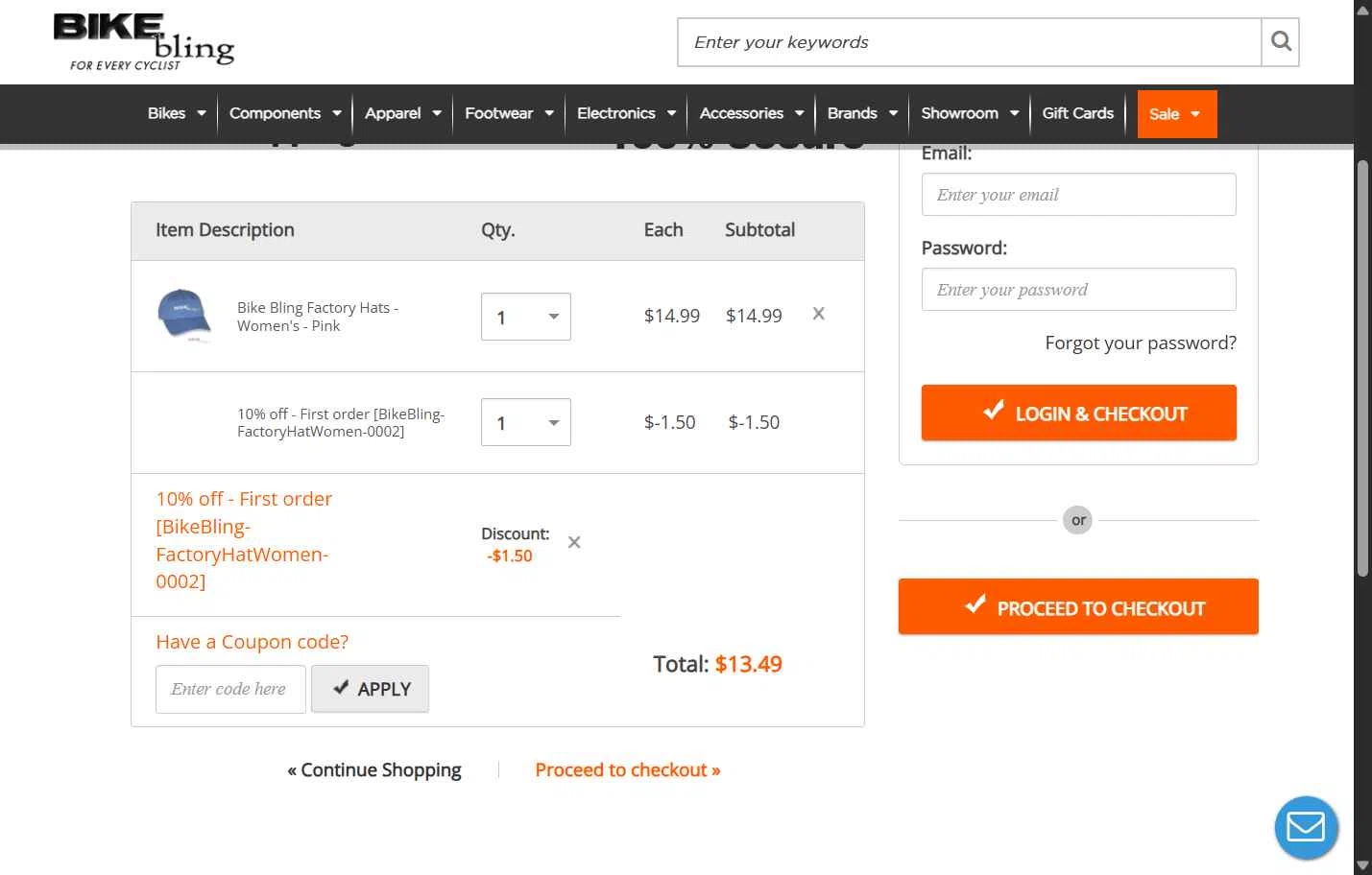Bike Bling checkout page showing Bike Bling coupon code box | Screenshot taken by SimplyCodes community member on May 25, 2025