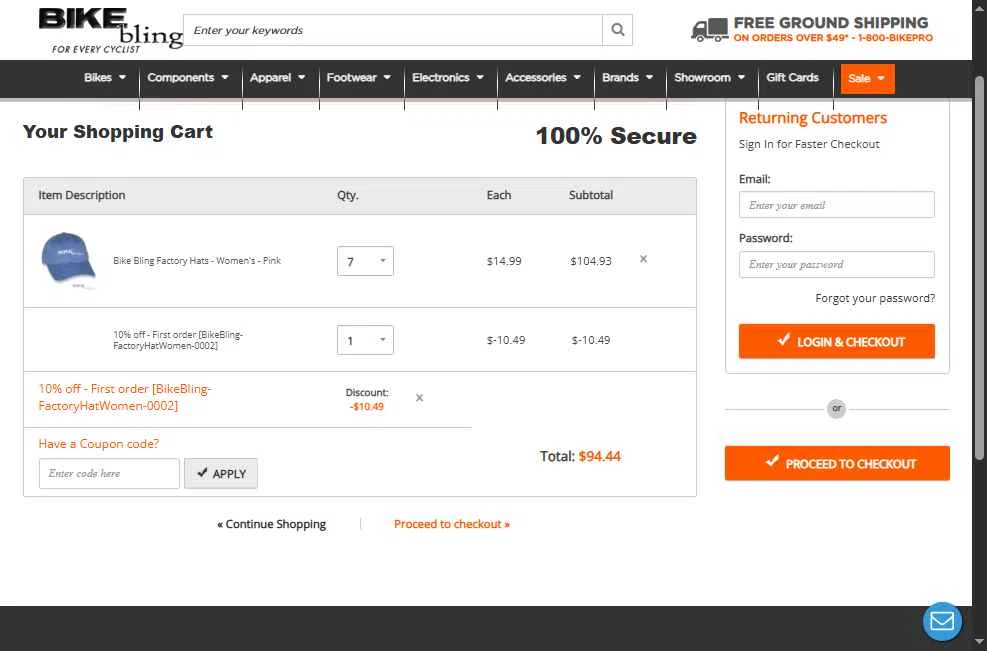 Bike Bling checkout page showing Bike Bling coupon code box | Screenshot taken by SimplyCodes community member on Jun 27, 2025