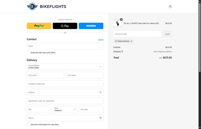 BikeFlights checkout page showing BikeFlights promo code box | Screenshot taken by SimplyCodes community member on May 12, 2025