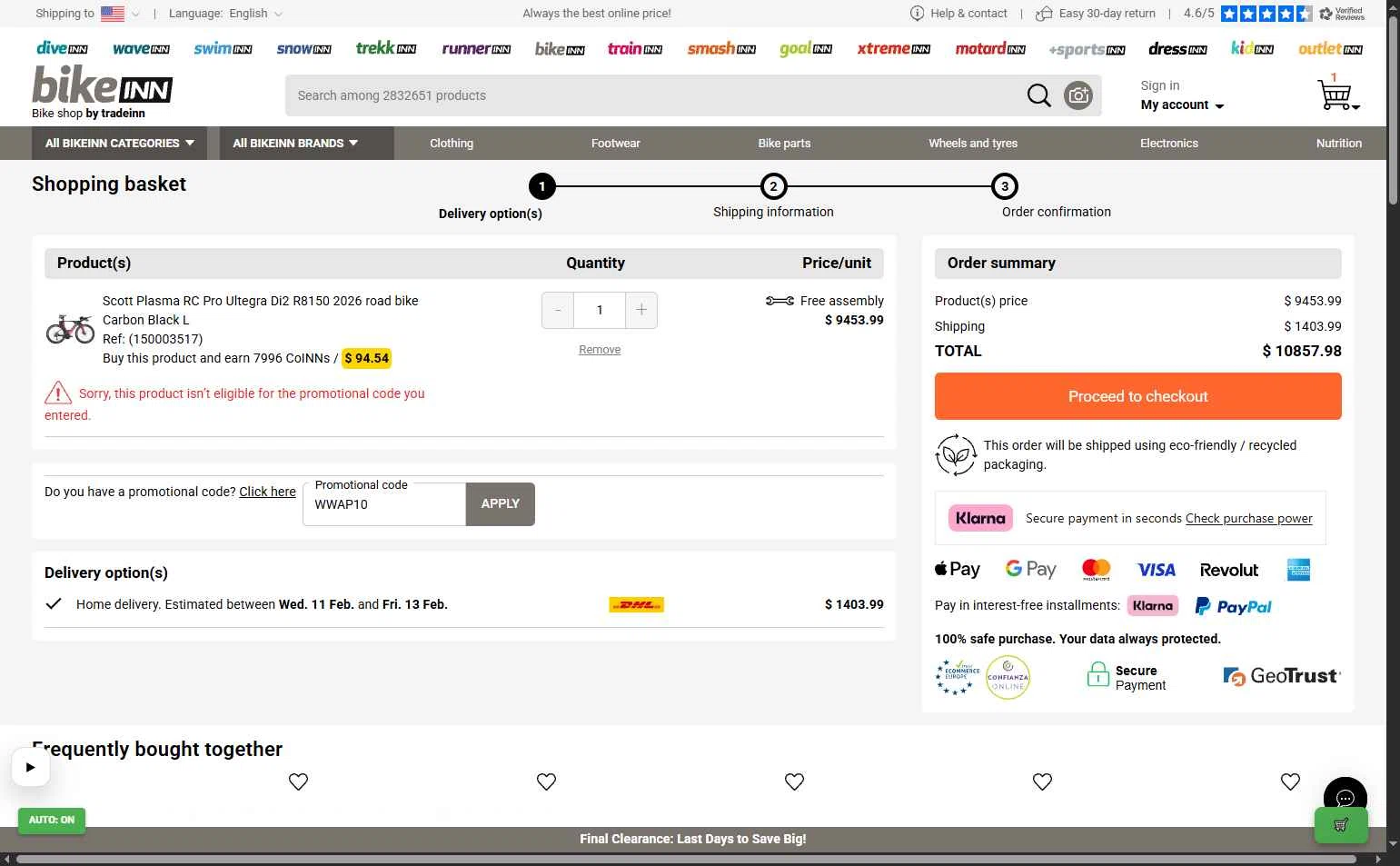 Bikeinn checkout page showing Bikeinn promo code box | Screenshot taken by SimplyCodes community member on Feb 8, 2026