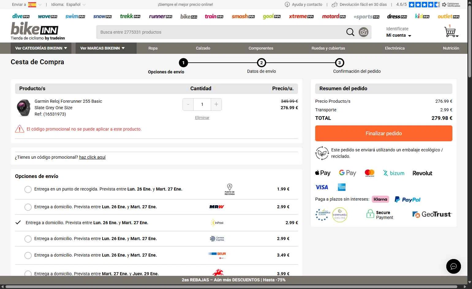 Bikeinn checkout page showing Bikeinn promo code box | Screenshot taken by SimplyCodes community member on Jan 15, 2026