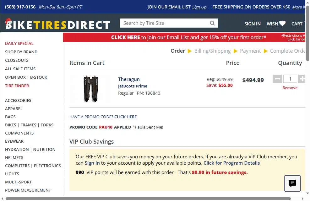 Bike Tires Direct checkout page showing Bike Tires Direct promo code box | Screenshot taken by SimplyCodes community member on Dec 10, 2025