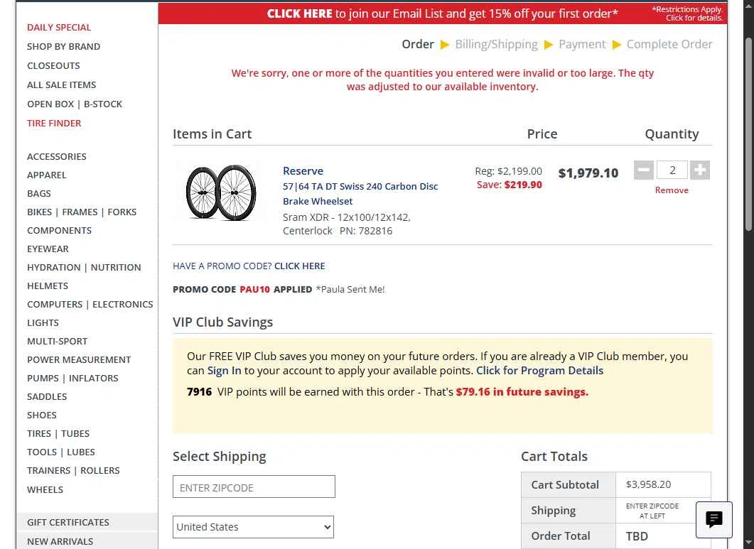 Bike Tires Direct checkout page showing Bike Tires Direct promo code box | Screenshot taken by SimplyCodes community member on Jan 8, 2026