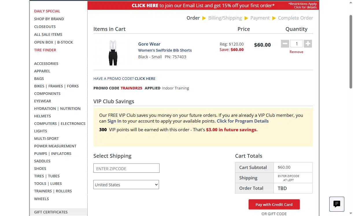 Bike Tires Direct checkout page showing Bike Tires Direct promo code box | Screenshot taken by SimplyCodes community member on Jan 6, 2026