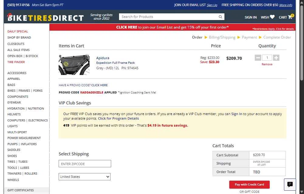 Bike Tires Direct checkout page showing Bike Tires Direct promo code box | Screenshot taken by SimplyCodes community member on Dec 5, 2025