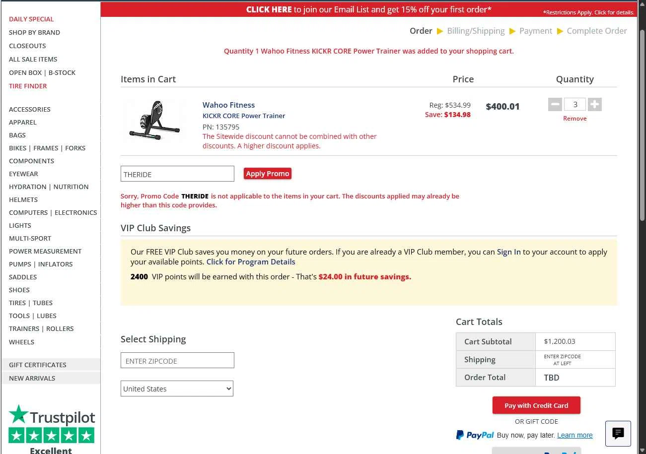 Bike Tires Direct checkout page showing Bike Tires Direct promo code box | Screenshot taken by SimplyCodes community member on Dec 8, 2025