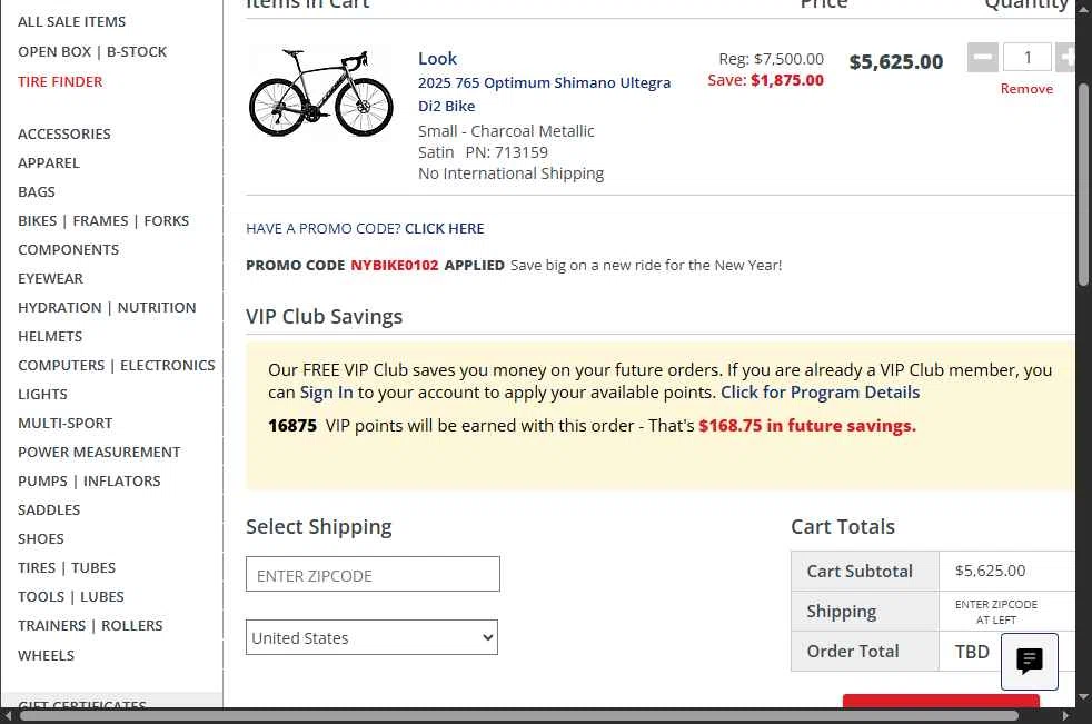 Bike Tires Direct checkout page showing Bike Tires Direct promo code box | Screenshot taken by SimplyCodes community member on Jan 6, 2026