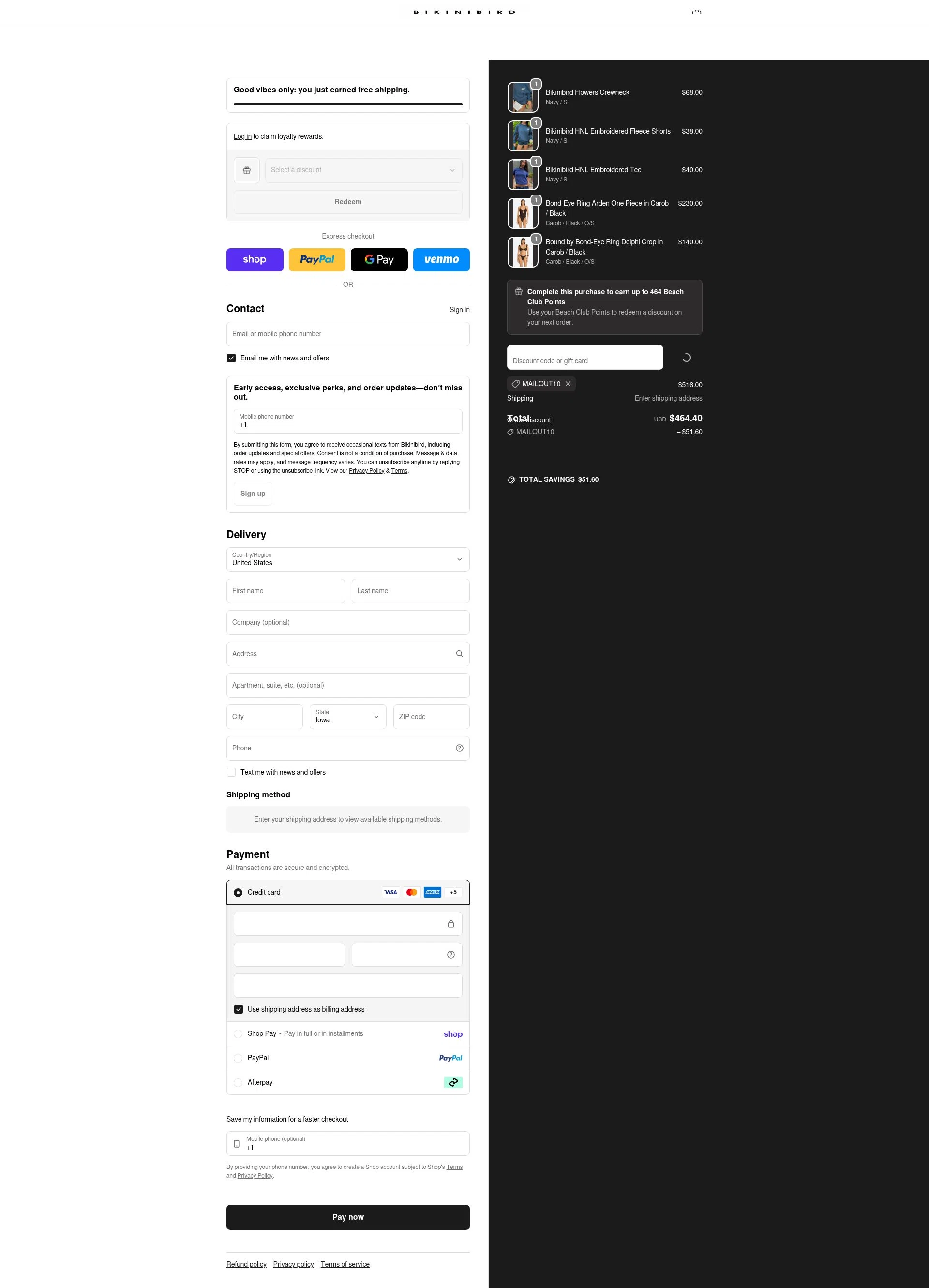 BikiniBird checkout page showing BikiniBird promo code box | Screenshot taken by SimplyCodes community member on Feb 9, 2026