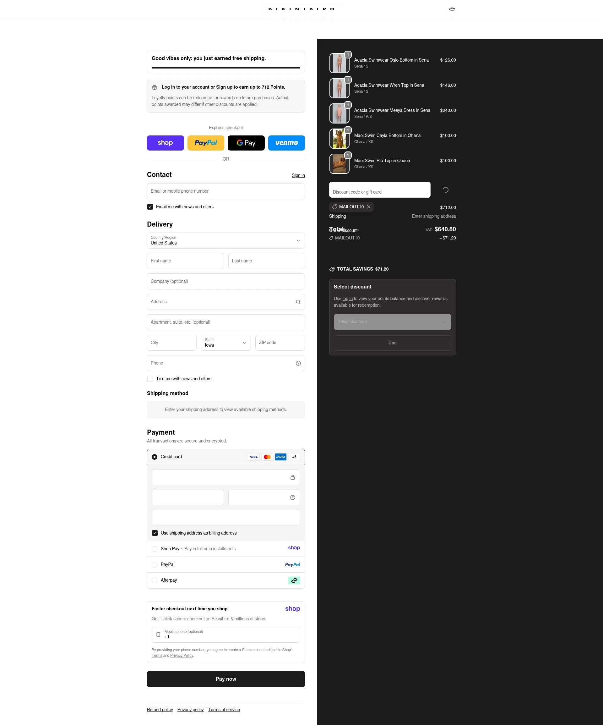 BikiniBird checkout page showing BikiniBird promo code box | Screenshot taken by SimplyCodes community member on Jan 7, 2026