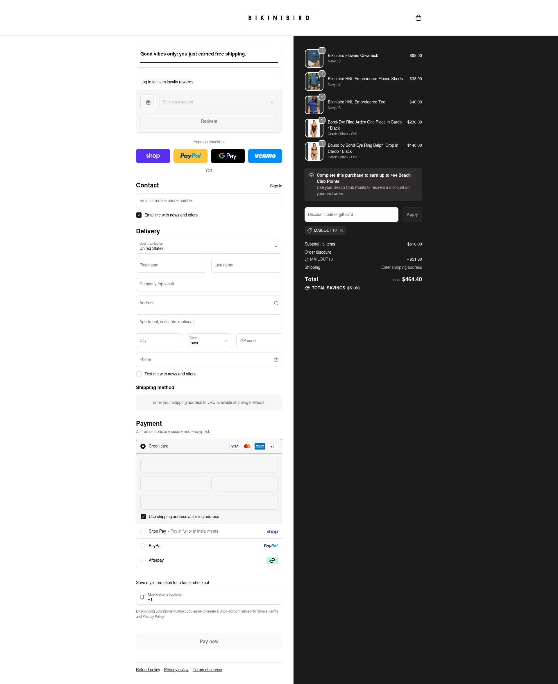 BikiniBird checkout page showing BikiniBird promo code box | Screenshot taken by SimplyCodes community member on Jan 31, 2026