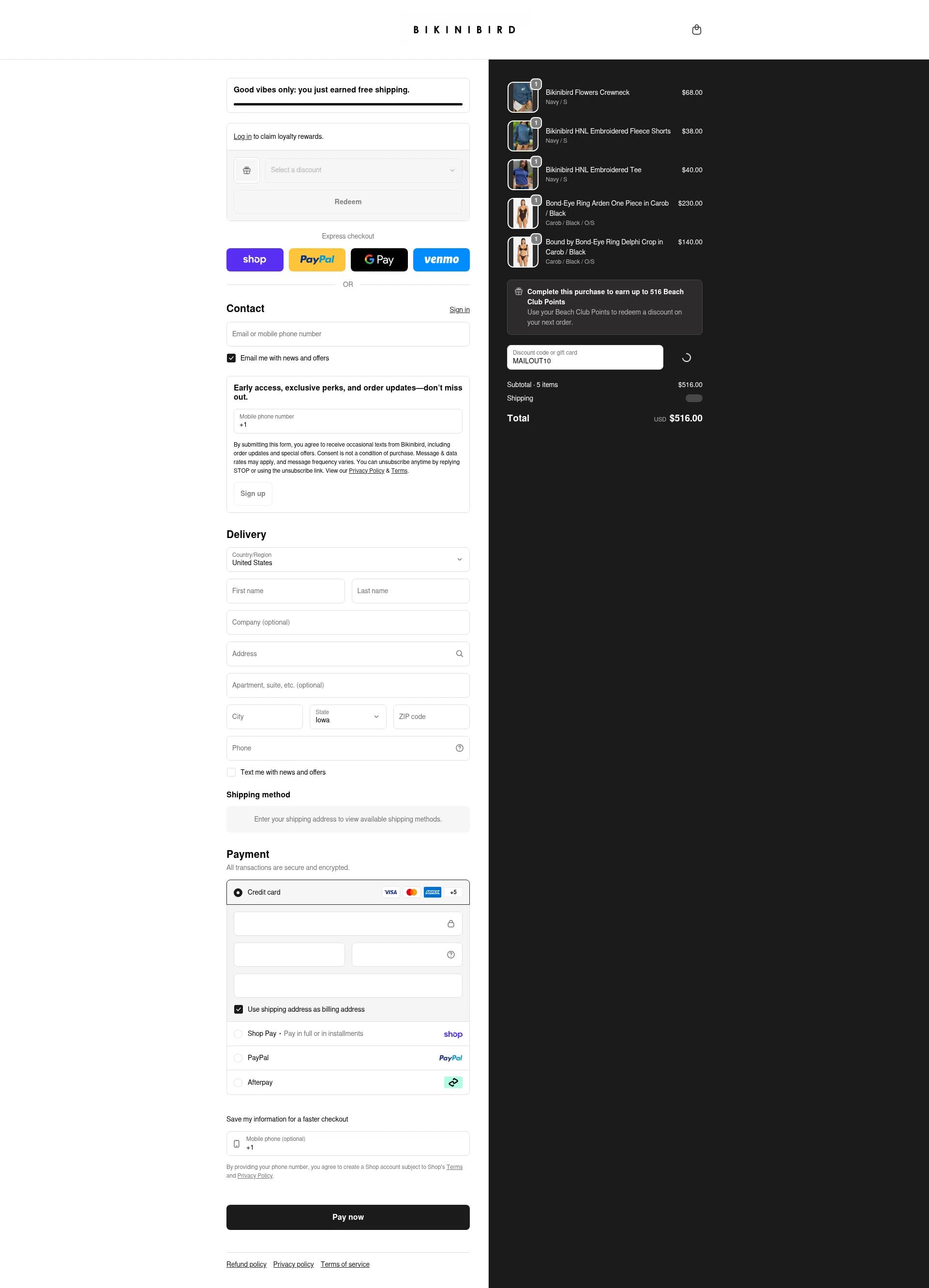 BikiniBird checkout page showing BikiniBird promo code box | Screenshot taken by SimplyCodes community member on Feb 13, 2026