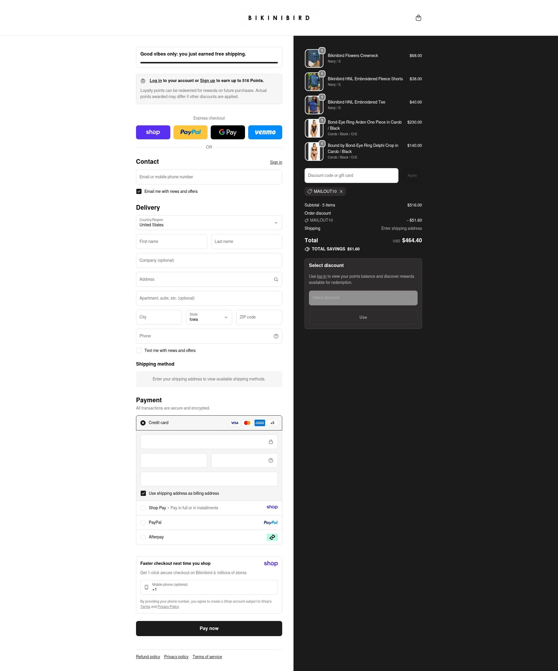 BikiniBird checkout page showing BikiniBird promo code box | Screenshot taken by SimplyCodes community member on Jan 17, 2026