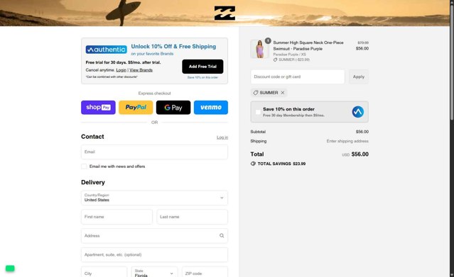 Billabong checkout page showing Billabong promo code box | Screenshot taken by SimplyCodes community member on Jul 30, 2025