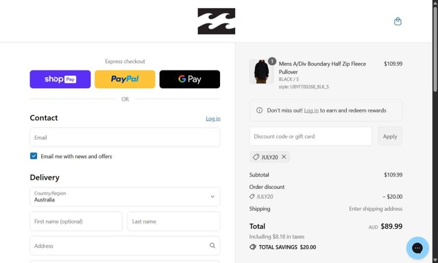 Billabong checkout page showing Billabong promo code box | Screenshot taken by SimplyCodes community member on Jul 30, 2025