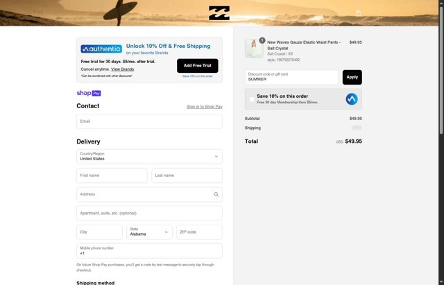 Billabong checkout page showing Billabong promo code box | Screenshot taken by SimplyCodes community member on Aug 10, 2025