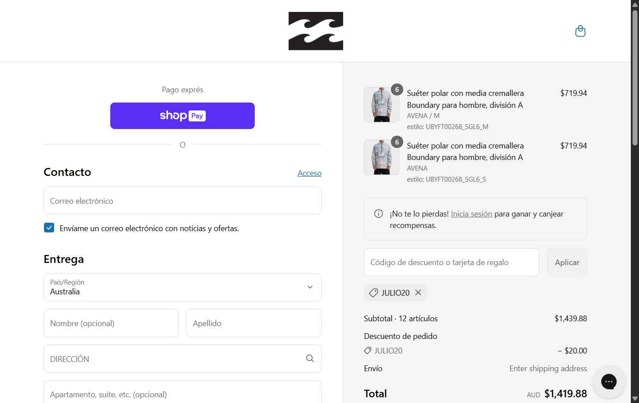 Billabong checkout page showing Billabong promo code box | Screenshot taken by SimplyCodes community member on Jul 16, 2025