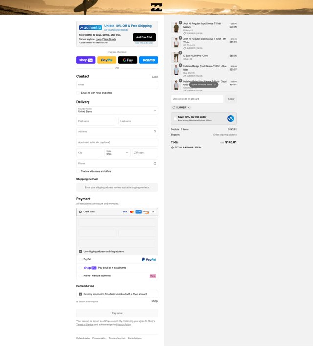 Billabong checkout page showing Billabong promo code box | Screenshot taken by SimplyCodes community member on Aug 4, 2025