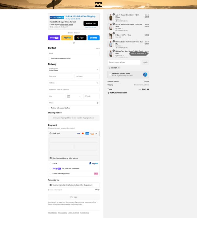 Billabong checkout page showing Billabong promo code box | Screenshot taken by SimplyCodes community member on Aug 7, 2025