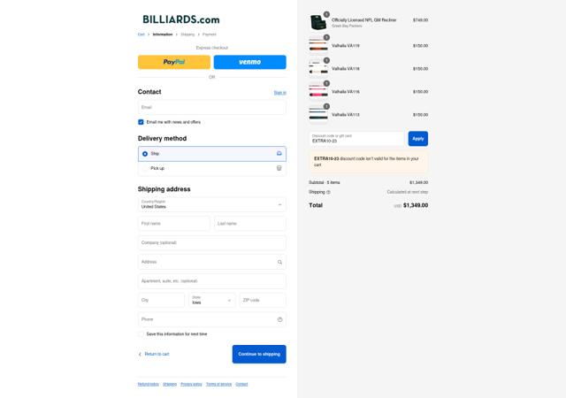 Billiards.com checkout page showing Billiards.com coupon code box | Screenshot taken by SimplyCodes community member on Sep 16, 2025